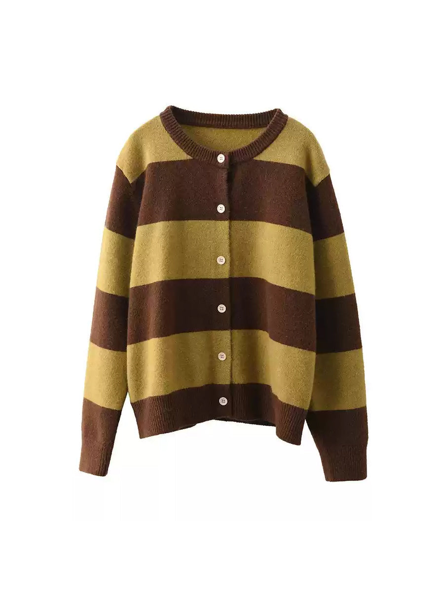 Women Vintage Autumn Stripe O-Neck Knit Sweater QN009 BK