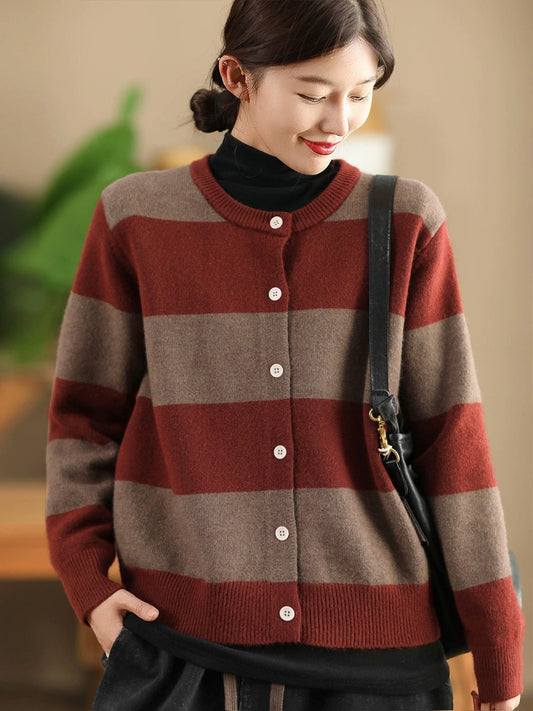 Women Vintage Autumn Stripe O-Neck Knit Sweater QN009 BK