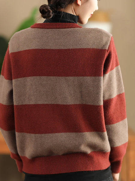 Women Vintage Autumn Stripe O-Neck Knit Sweater QN009 BK