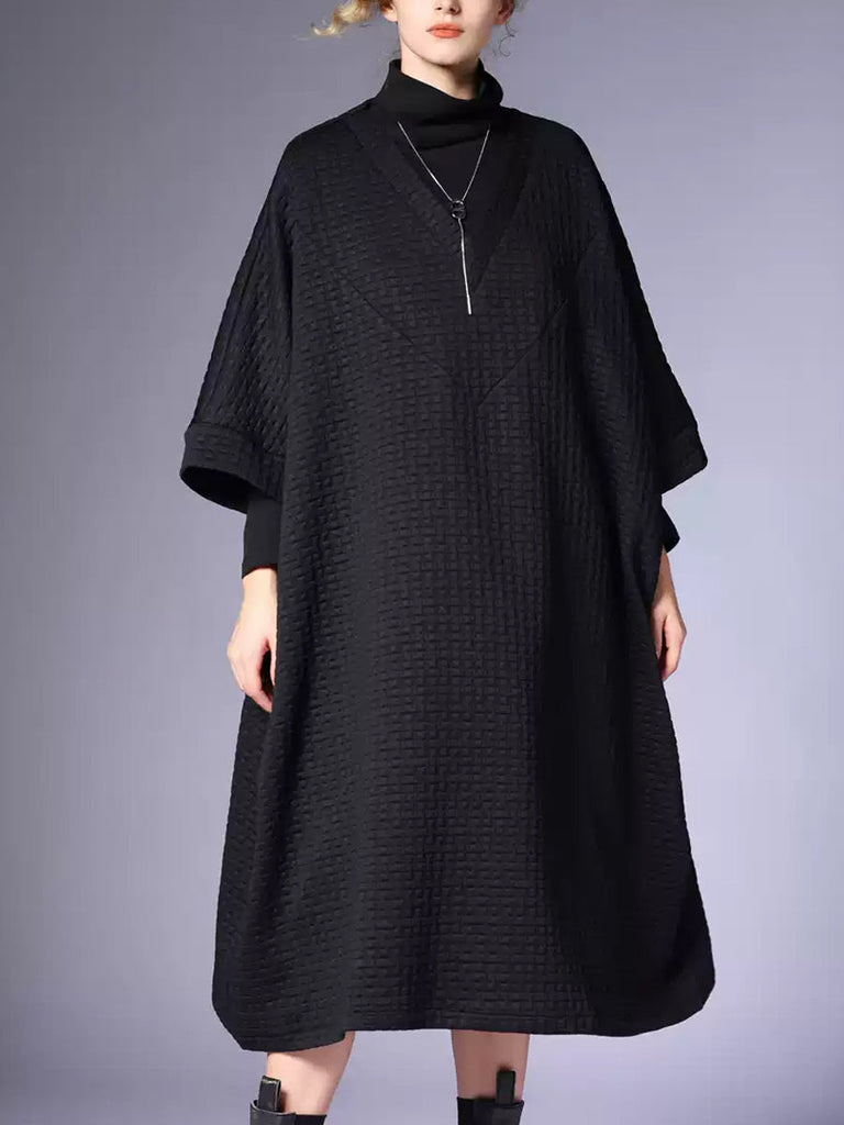 Women Winter Casual Solid V-Neck Loose Dress QN003 BK