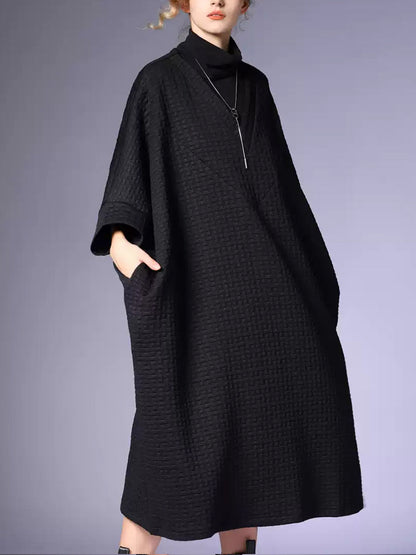 Women Winter Casual Solid V-Neck Loose Dress QN003 BK