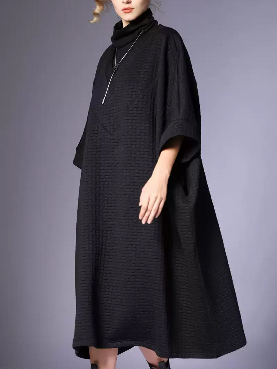 Women Winter Casual Solid V-Neck Loose Dress QN003 BK