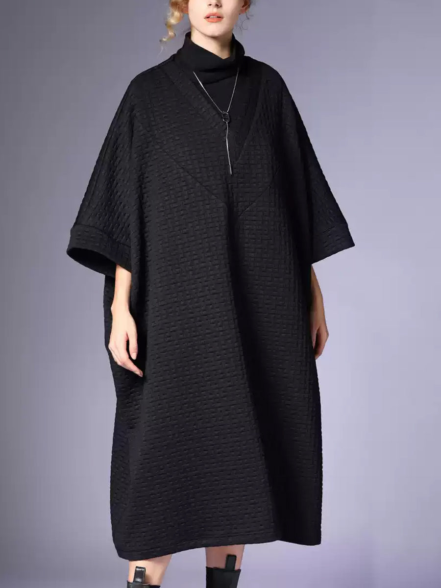 Women Winter Casual Solid V-Neck Loose Dress QN003 BK