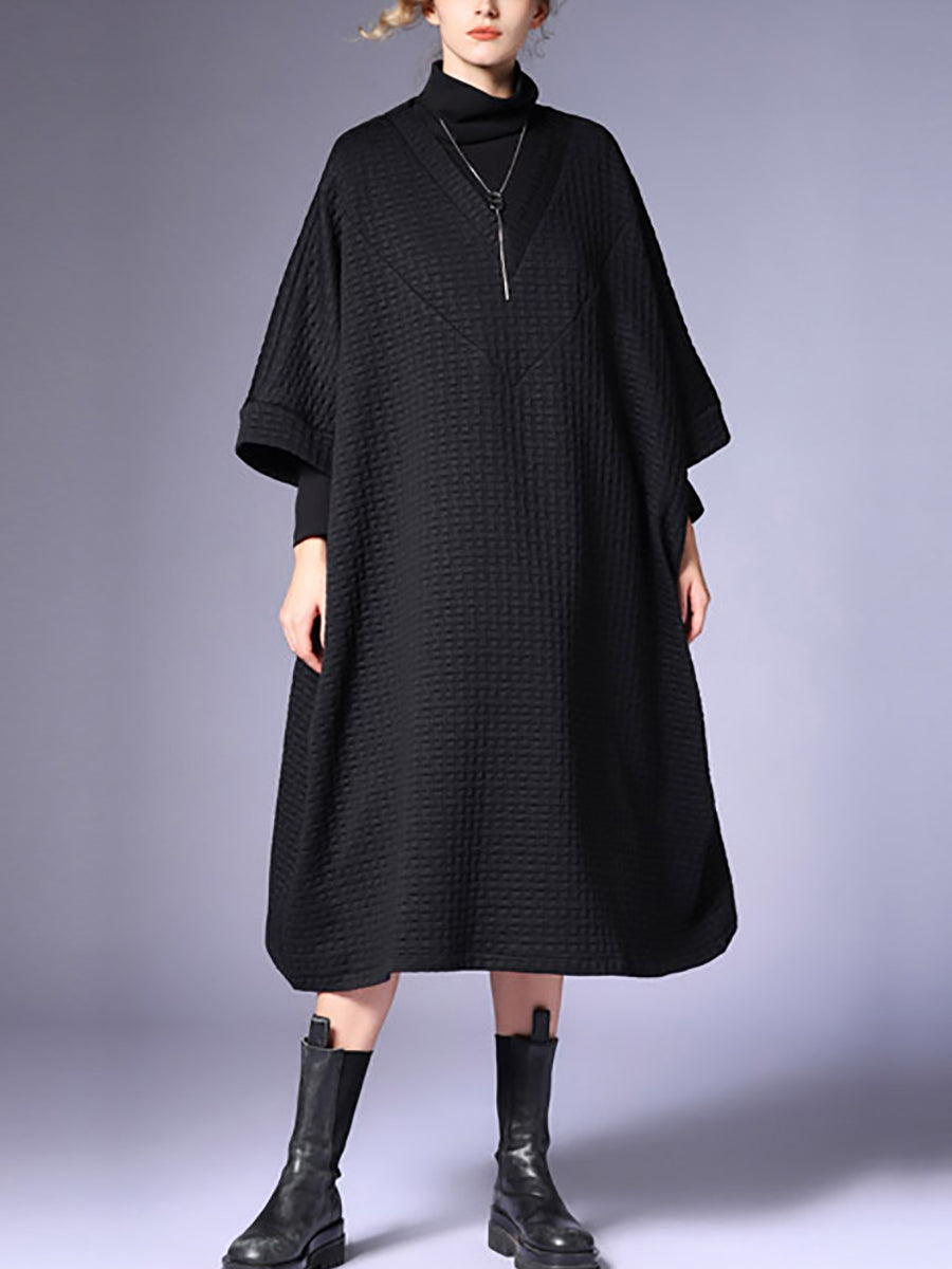 Women Winter Casual Solid V-Neck Loose Dress QN003 BK