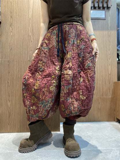 Women Winter Retro Flower Cotton Padded Harem Pants QN002 BK