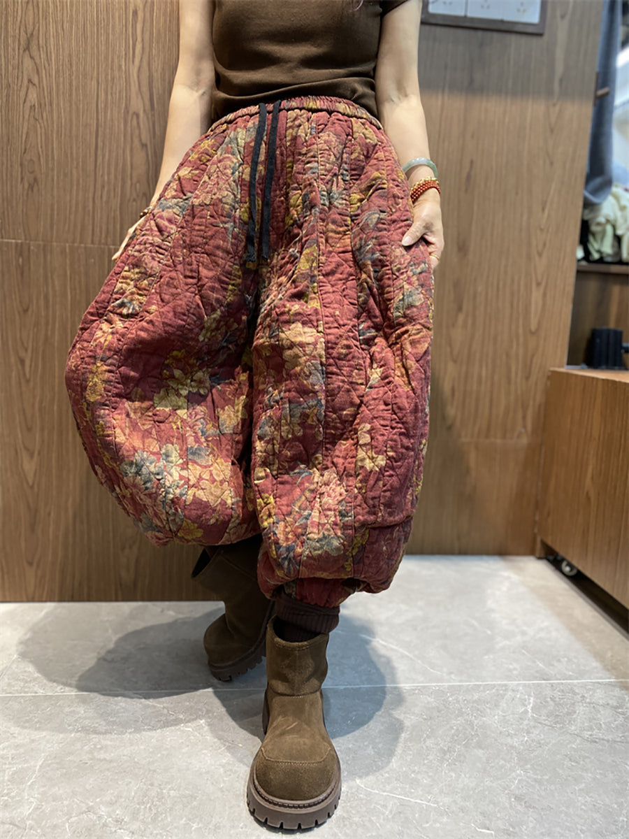 Women Winter Retro Flower Cotton Padded Harem Pants QN002 BK