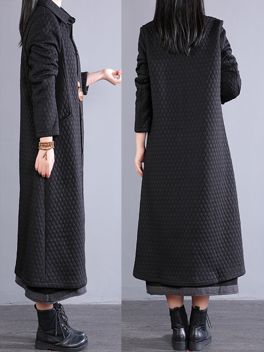 Women Winter Retro Warm Fleece-lined Long Coat QM023 BK