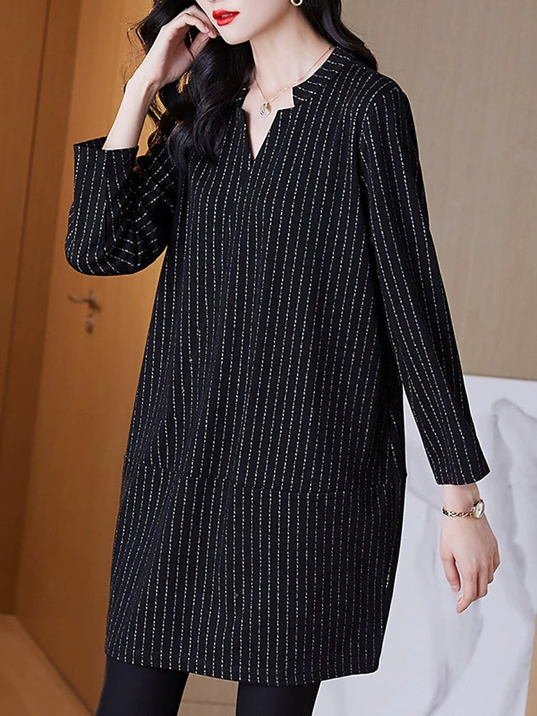 Women Autumn Casual Stripe V-Neck Mini Dress QM032 BK