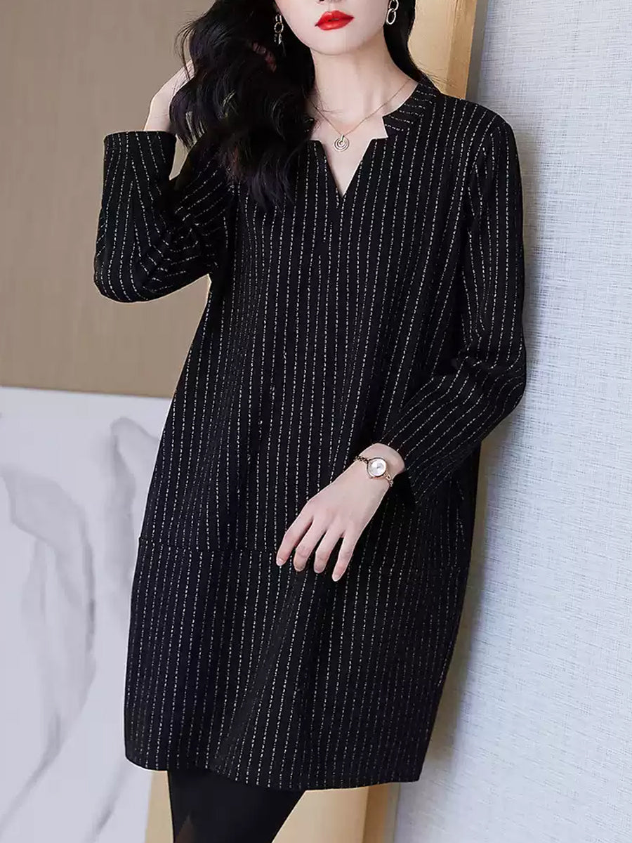 Women Autumn Casual Stripe V-Neck Mini Dress QM032 BK