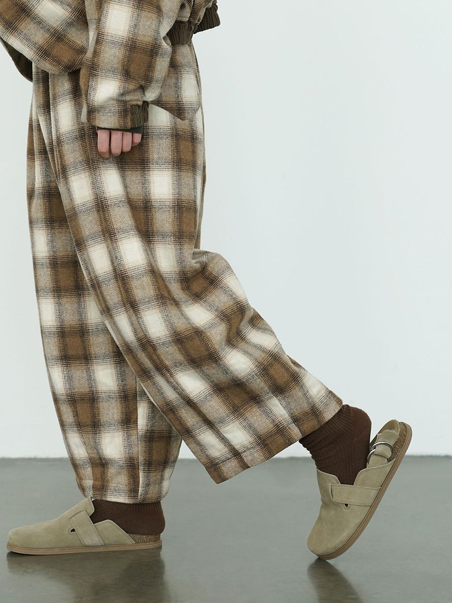 Women Winter Casual Plaid Cotton Thick Wide-leg Pants QM027 BK