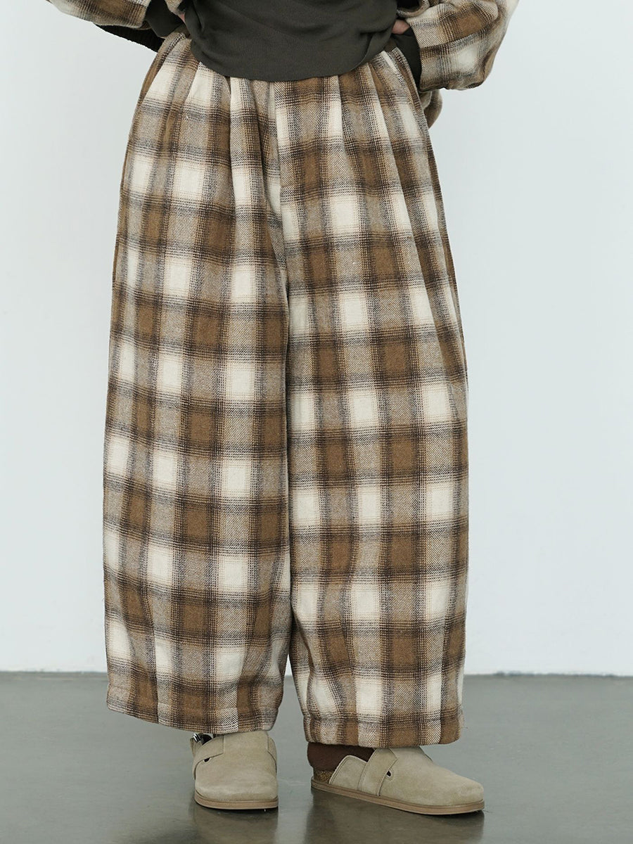 Women Winter Casual Plaid Cotton Thick Wide-leg Pants QM027 BK