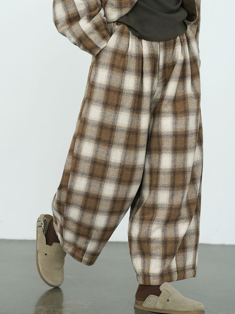 Women Winter Casual Plaid Cotton Thick Wide-leg Pants QM027 BK