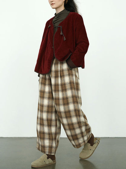 Women Winter Casual Plaid Cotton Thick Wide-leg Pants QM027 BK