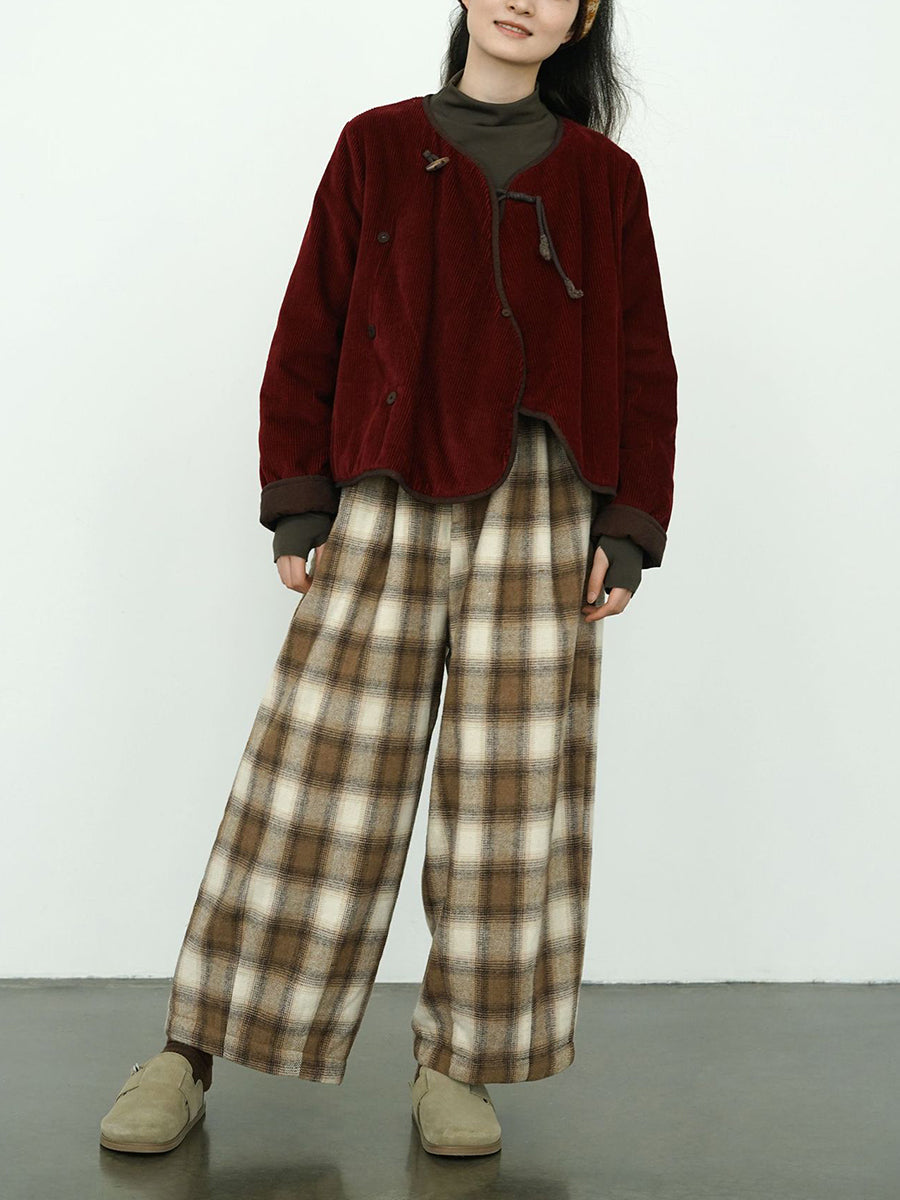 Women Winter Casual Plaid Cotton Thick Wide-leg Pants QM027 BK