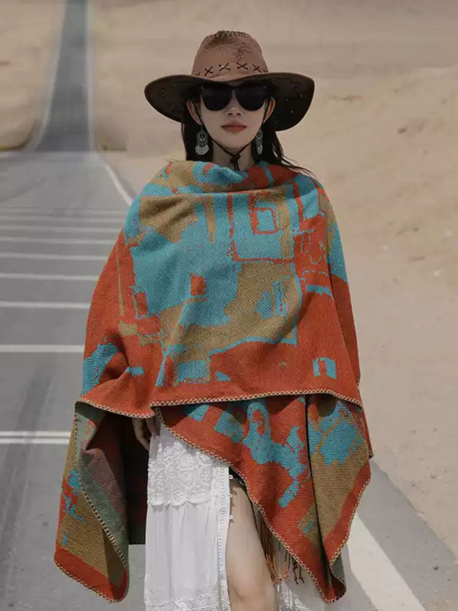 Women Ethnic Colorblock Warm Shawl Scarf QM018 BUYKUD