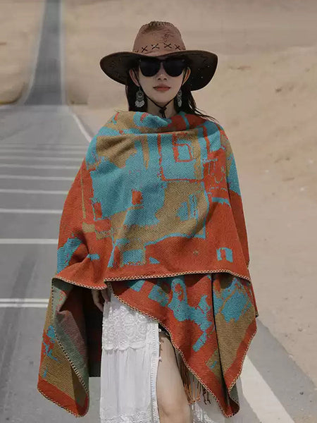 Women Ethnic Colorblock Warm Shawl Scarf QM018 BUYKUD