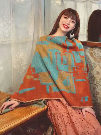 Women Ethnic Colorblock Warm Shawl Scarf QM018 BUYKUD