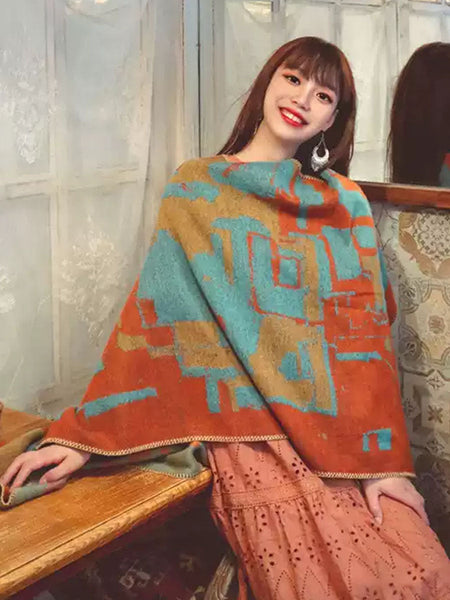 Women Ethnic Colorblock Warm Shawl Scarf QM018 BUYKUD