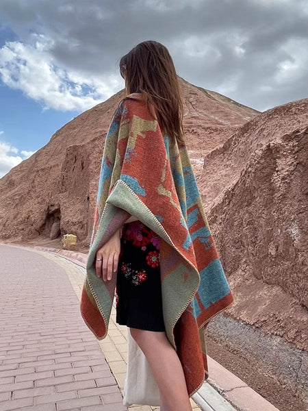 Women Ethnic Colorblock Warm Shawl Scarf QM018 BUYKUD