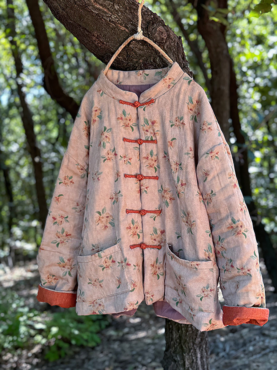 Women Winter Vintage Floral Linen Cotton Padded Coat QM012 BK