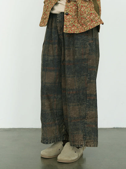 Women Winter Retro Flower Denim Spliced Wide-leg Pants QM014 BK