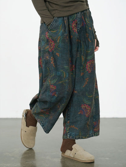 Women Winter Retro Flower Denim Spliced Wide-leg Pants QM014 BK