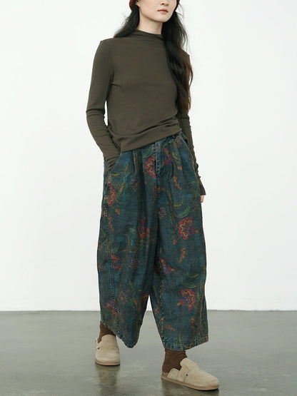 Women Winter Retro Flower Denim Spliced Wide-leg Pants QM014 BK