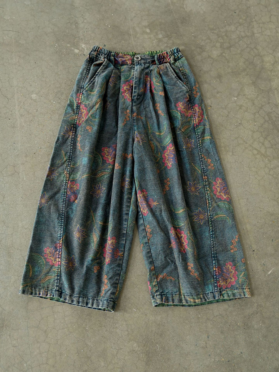 Women Winter Retro Flower Denim Spliced Wide-leg Pants QM014 BK