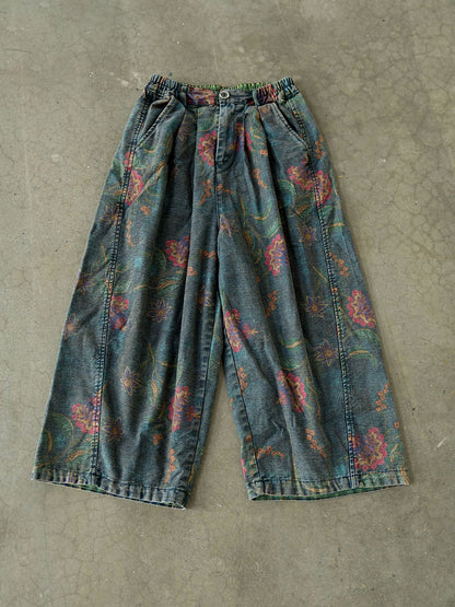 Women Winter Retro Flower Denim Spliced Wide-leg Pants QM014 BK