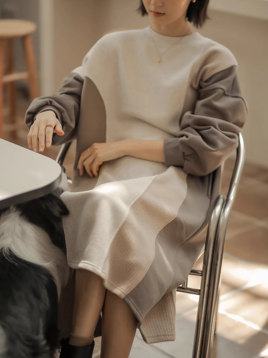 Women Winter Artsy Colorblock Loose Knit Sweater Dress QM016 BK