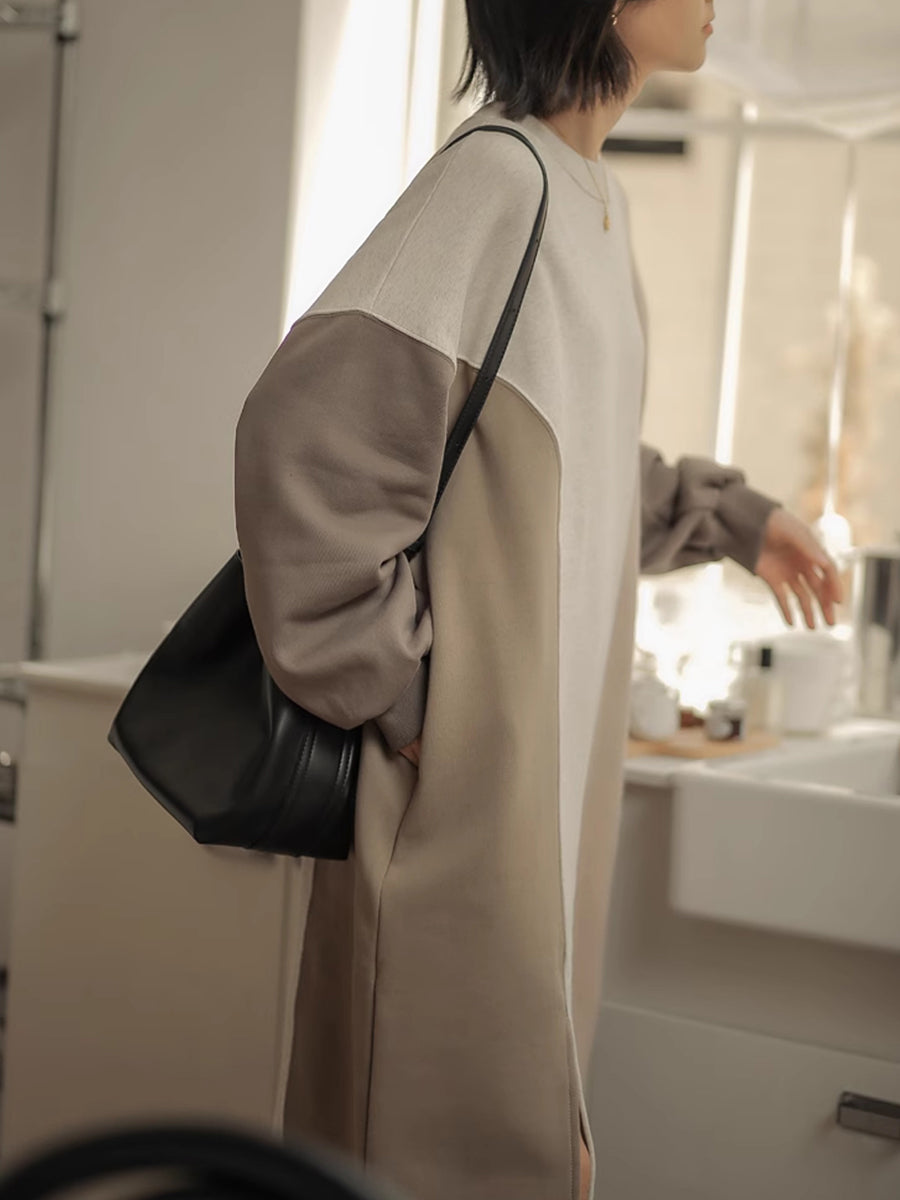 Women Winter Artsy Colorblock Loose Knit Sweater Dress QM016 BK