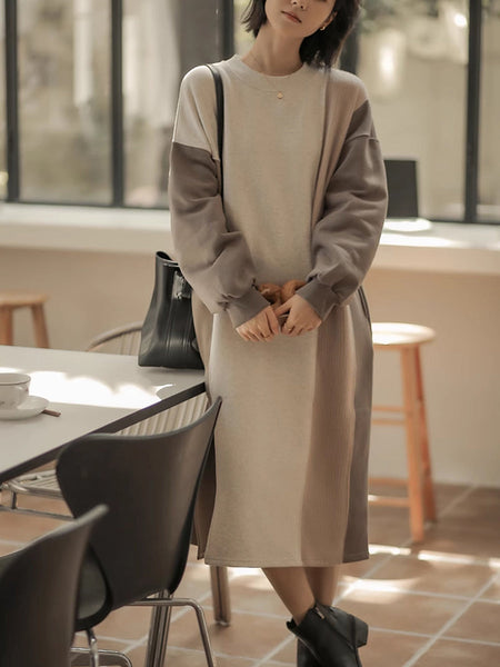 Women Winter Artsy Colorblock Loose Knit Sweater Dress QM016 BK