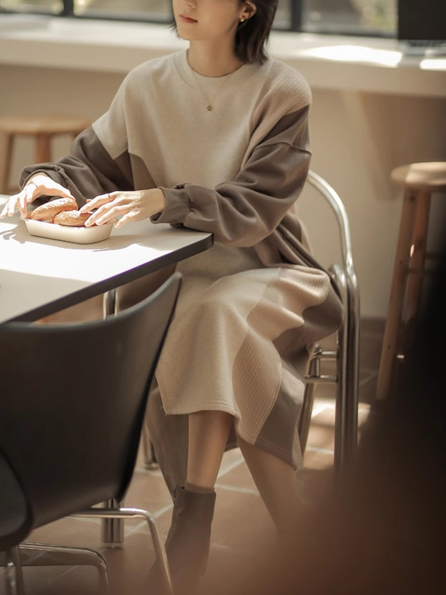 Women Winter Artsy Colorblock Loose Knit Sweater Dress QM016 BK