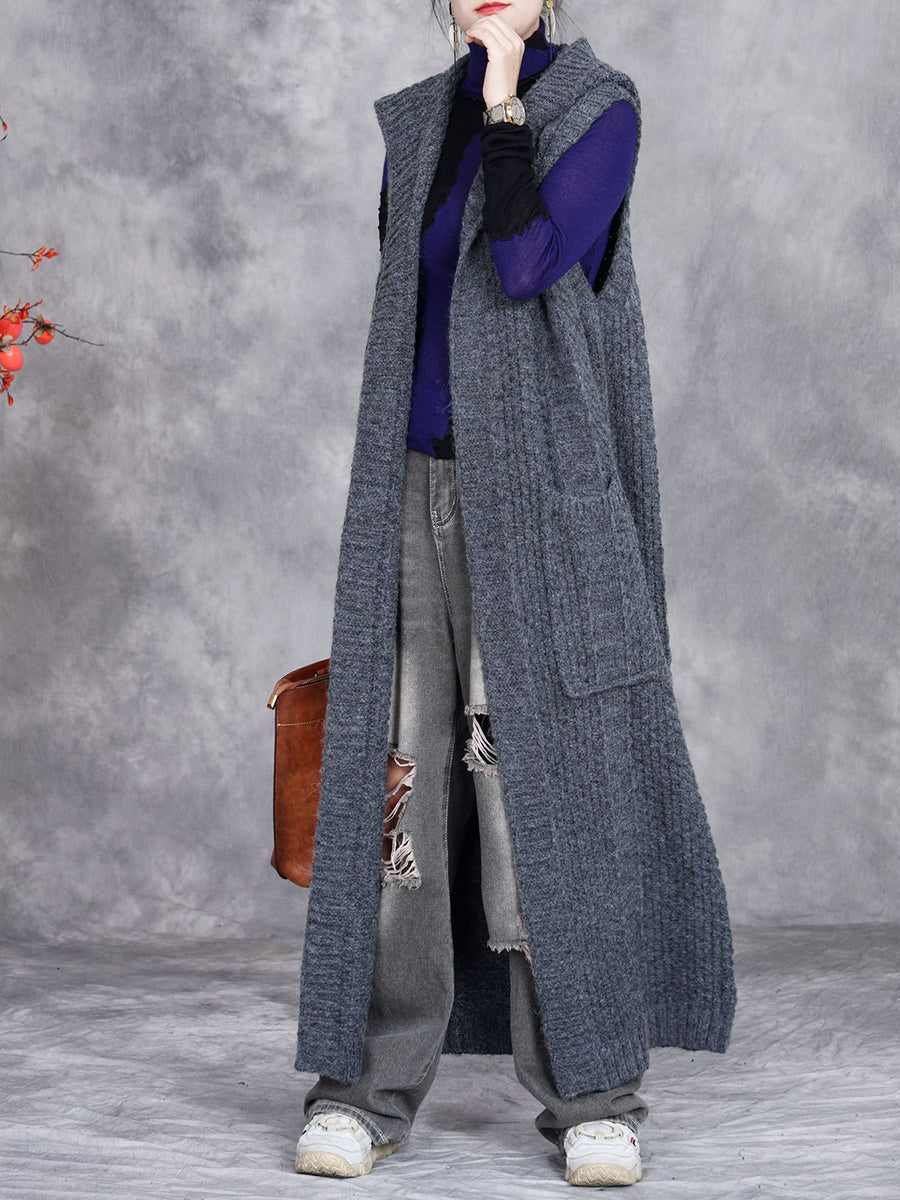 Women Autumn Artsy Solid Knit Cardigan Hooded Vest Coat QM008 BK