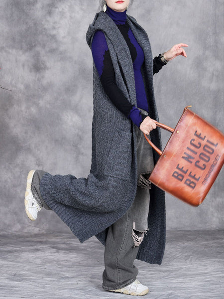 Women Autumn Artsy Solid Knit Cardigan Hooded Vest Coat QM008 BK