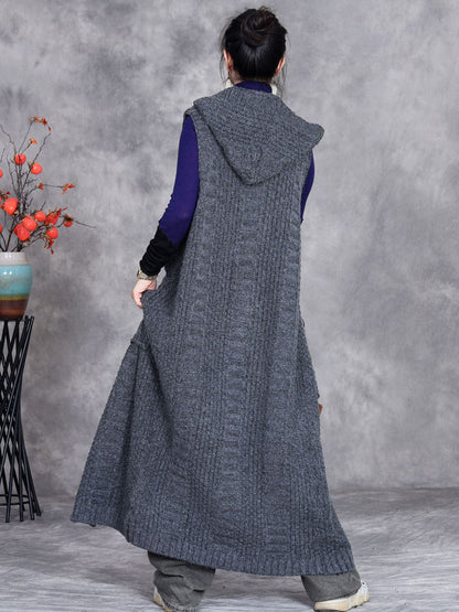 Women Autumn Artsy Solid Knit Cardigan Hooded Vest Coat QM008 BK