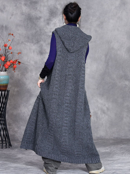 Women Autumn Artsy Solid Knit Cardigan Hooded Vest Coat QM008 BK