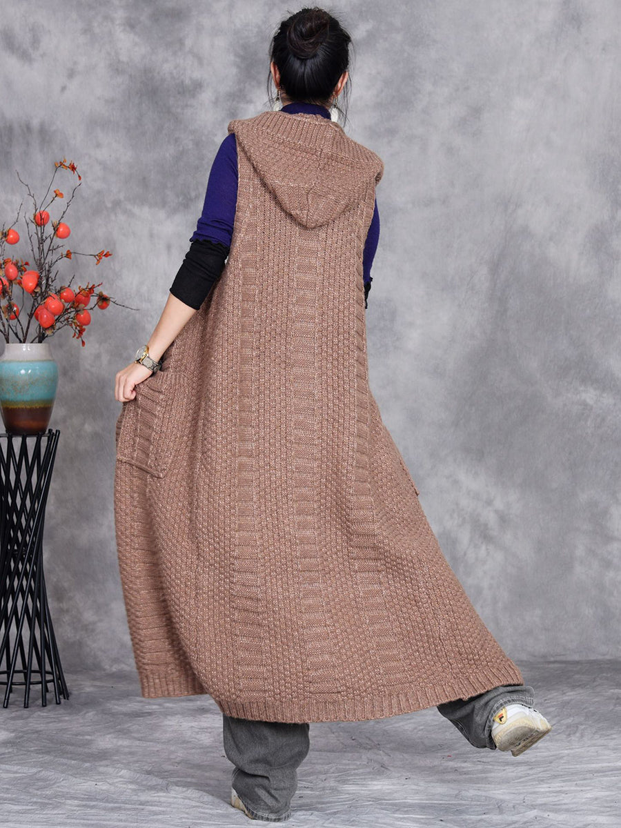 Women Autumn Artsy Solid Knit Cardigan Hooded Vest Coat QM008 BK