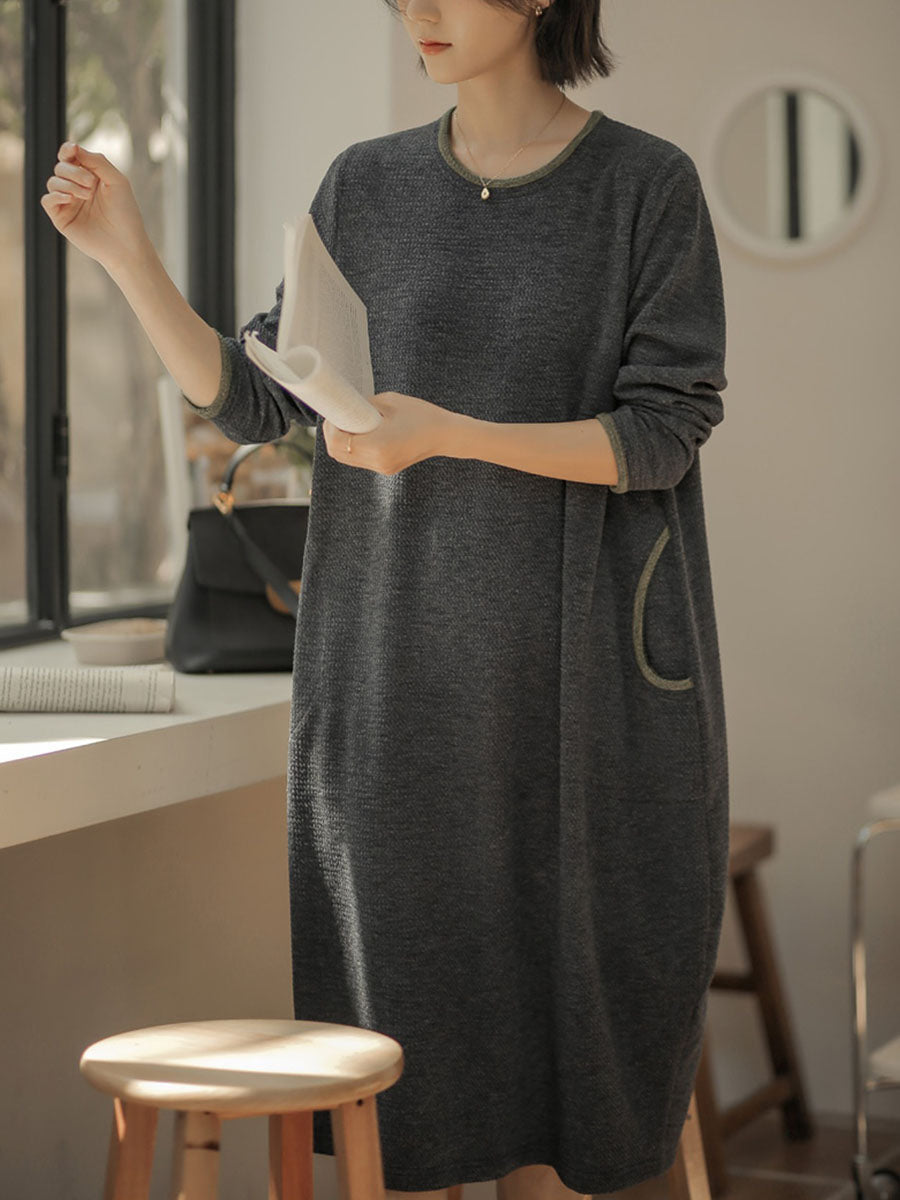 Women Winter Artsy Solid O-Neck Loose Knit Dress QM003 BK