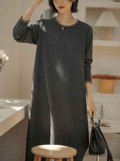 Women Winter Artsy Solid O-Neck Loose Knit Dress QM003 BK