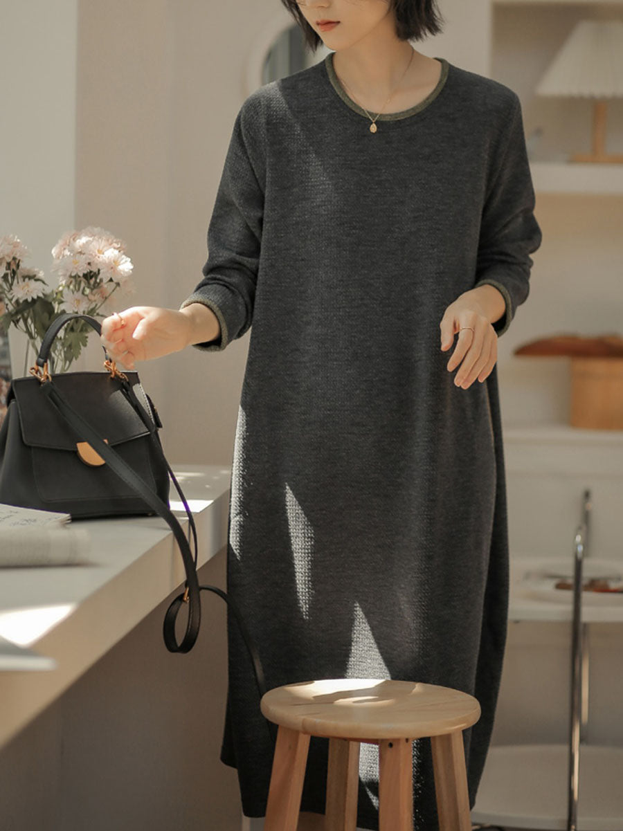 Women Winter Artsy Solid O-Neck Loose Knit Dress QM003 BK