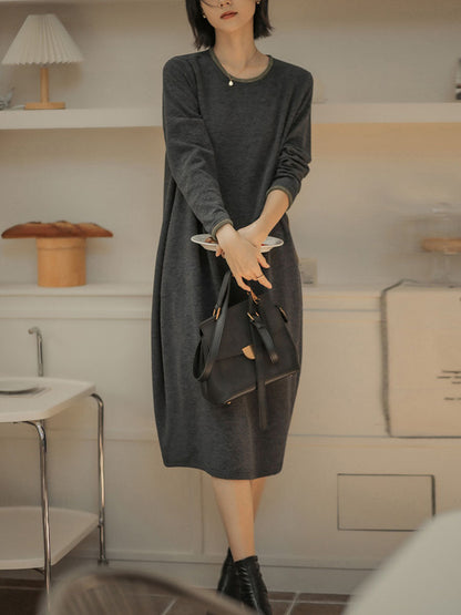 Women Winter Artsy Solid O-Neck Loose Knit Dress QM003 BK