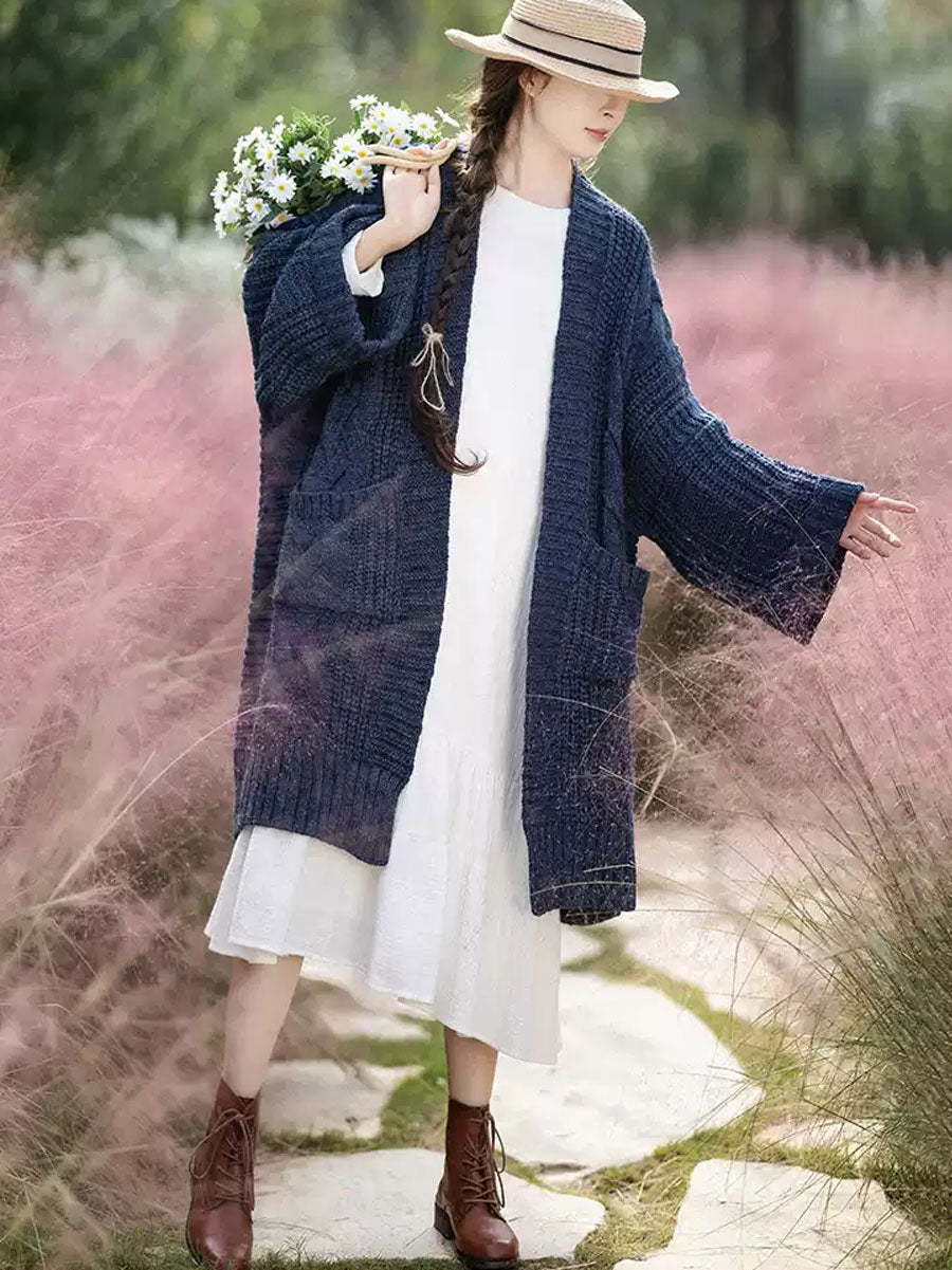 Women Autumn Artsy Solid V-neck Cable Knit Coat QM007 BK