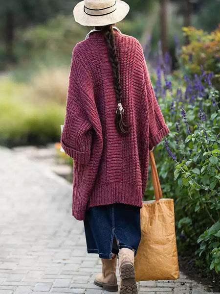 Women Autumn Artsy Solid V-neck Cable Knit Coat QM007 BK