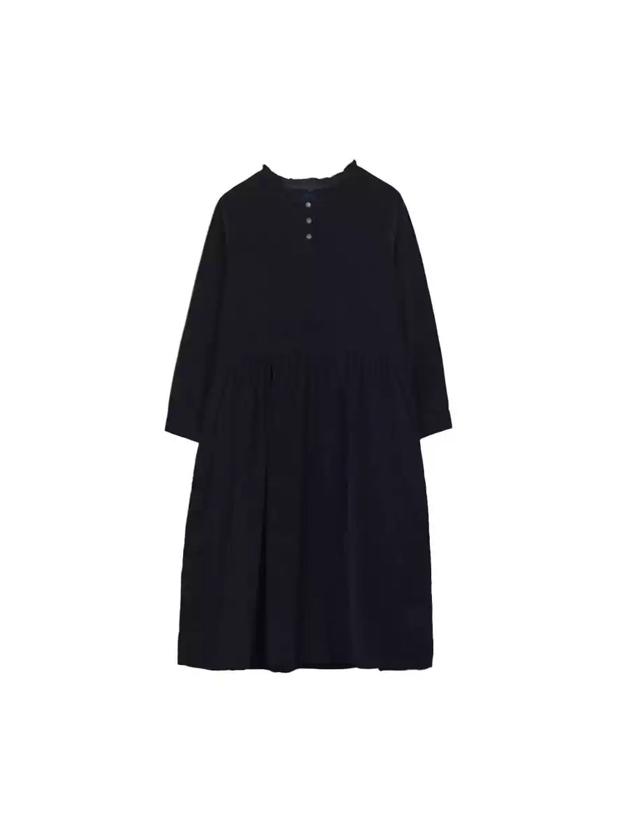 Women Autumn Casual Solid Corduroy O-Neck Dress WU011 BK