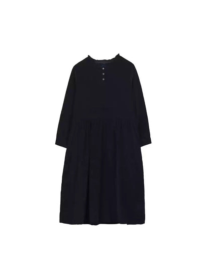Women Autumn Casual Solid Corduroy O-Neck Dress WU011 BK