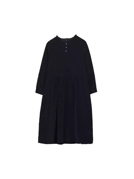 Women Autumn Casual Solid Corduroy O-Neck Dress WU011 BK