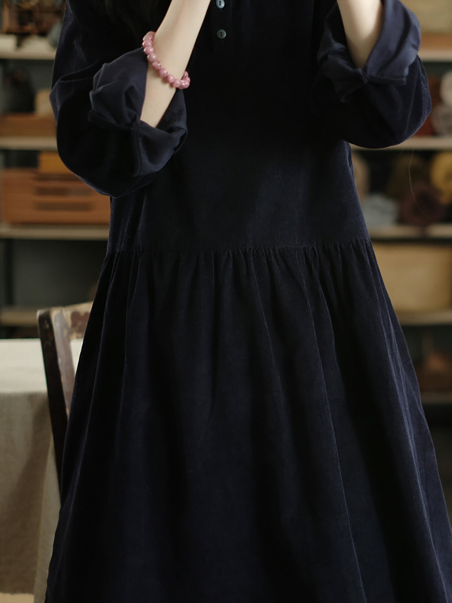Women Autumn Casual Solid Corduroy O-Neck Dress WU011 BK
