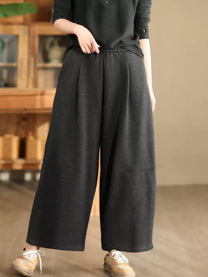 Women Winter Casual Solid Fleece-lined Wide-leg Pants WU006 BK