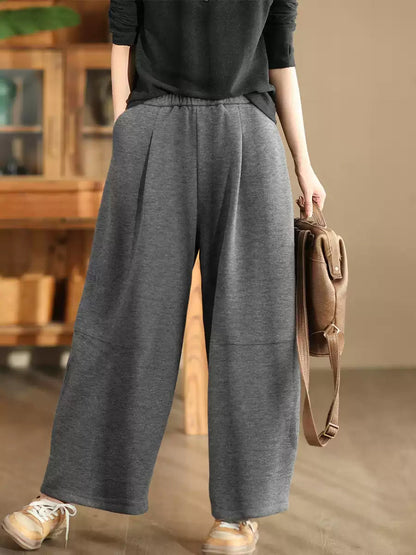 Women Winter Casual Solid Fleece-lined Wide-leg Pants WU006 BK